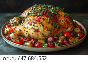 A delicious food photo of a whole roasted chicken with a crispy golden crust, garnished with fresh herbs and spices. The dish is served on a plate with a side of roasted vegetables - potatoes, tomatoes, radishes and onions, generously seasoned with herbs. Warm lighting highlights the texture of the browned skin and the juiciness of the meat. Ideal for use in recipes, food blogs, restaurant menus and cookbooks. Стоковое AI-изображение, AI-художник Анна Кривицкая / Фотобанк Лори