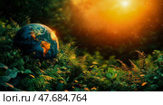 Lush Tropical Foliage Enveloping the Globe at Golden Hour. Стоковое AI-изображение, AI-художник Данила Большаков / Фотобанк Лори