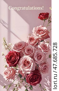 Luxurious bouquet of pink and red roses with spring flowers and congratulatory text for birthday, anniversary or wedding greetings. Стоковое AI-изображение, AI-художник Iva Noel / Фотобанк Лори