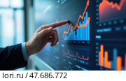 Business finance data analytics graph. Advisor using KPI Dashboard on virtual screen. Financial management technology. Стоковое AI-изображение, AI-художник Sergey Grishin / Фотобанк Лори