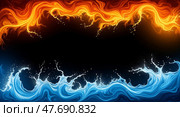 Elemental dance fire and water contrast. Стоковое AI-изображение, AI-художник Андрей Бакусов / Фотобанк Лори