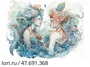 A watercolor illustration of two mythical girls depicted as water spirits or sea goddesses. Their hair is intertwined with seaweed and sea creatures - fish, coral, shells. The composition is filled with lightness, ephemerality and organic forms. The color palette is delicate shades of blue, turquoise and coral. This fantasy scene is perfect for themes related to mythology, nature, dreaminess and art. Стоковое AI-изображение, AI-художник Анна Кривицкая / Фотобанк Лори