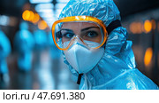 Close-up of a woman in a protective suit, medical mask and protective glasses, in a sterile laboratory or biosafety zone. The reflective surface of the suit, stern gaze and atmospheric lighting create an impression of determination and high concentration. The image perfectly conveys the theme of epidemiological safety, medicine, scientific research and emergency response. Стоковое AI-изображение, AI-художник Анна Кривицкая / Фотобанк Лори