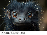 A stunning close-up of a mysterious animal with black shiny skin, thick bristly whiskers and large expressive eyes. This exotic little creature looks both curious and charming, like a character from a sci-fi movie. The dark background enhances the dramatic effect and focuses attention on the face. Ideal for wildlife, exotic, biology, conceptual and surreal projects. Стоковое AI-изображение, AI-художник Анна Кривицкая / Фотобанк Лори