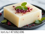 Кусок мыла ручной работы с сушеными ягодами и листьями мяты на черной тарелке. Стоковое AI-изображение, AI-художник ФотоИнтеллект / Фотобанк Лори