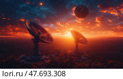 A fantastic landscape with two large radio telescopes pointing at the starry sky against the backdrop of a bright sunset. The orange-red sky glows on the horizon, and a mysterious planet or satellite hovers in the atmosphere above the antennas. The composition combines elements of science fiction, astronomy and technology. The scene creates a sense of searching for extraterrestrial signals, interstellar communication and space observation. Стоковое AI-изображение, AI-художник Анна Кривицкая / Фотобанк Лори