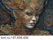 Fantastic portrait of a woman in baroque or steampunk style, adorned with an intricate mask and elaborate ornamental design. Her marble-like face and intense gaze are partly concealed by swirling patterns of metal and flowers. The image stuns with its level of detail and evokes fairytale or mythological realms. Perfect for themes of fantasy, art, theater, cyber goth, and visual storytelling. Стоковое AI-изображение, AI-художник Анна Кривицкая / Фотобанк Лори