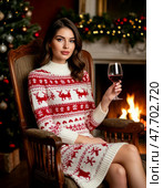 Beautiful girl with a glass of wine relaxing in a chair. Стоковое AI-изображение, AI-художник Сергей Елизарьев / Фотобанк Лори