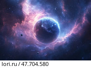 A fantastic image of the planet Earth in space, surrounded by bright purple-pink nebulae, shining stars and several asteroids. The planet is presented in the center of the composition, illuminated by a cool blue light. The atmosphere of the scene combines elements of science fiction and space painting, creating a sense of grandeur and serenity of the Universe. Perfect for popular science, educational and futuristic projects. Стоковое AI-изображение, AI-художник Анна Кривицкая / Фотобанк Лори
