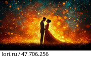 Romantic Couple Silhouette Amidst Glowing Lightscape: An Enchanting Digital Painting. Стоковое AI-изображение, AI-художник Данила Большаков / Фотобанк Лори