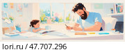 Father and Daughter Studying Together at Home in Sunny Room: A heartwarming illustration of family bonding and education. Стоковое AI-изображение, AI-художник Данила Большаков / Фотобанк Лори