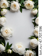 Soft white peonies elegantly encircle a blank canvas, showcasing their delicate petals and lush green leaves. This natural arrangement invites creativity for invitations or artwork Generative AI. Стоковое AI-изображение, AI-художник Юлия Петровская / Фотобанк Лори