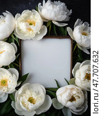Surrounded by lush greenery, beautiful white peonies gracefully encircle a blank square space, ready to highlight treasured memories or inspiring quotes Generative AI. Стоковое AI-изображение, AI-художник Юлия Петровская / Фотобанк Лори