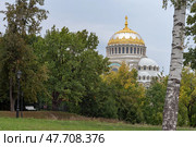 Морской Никольский собор со стороны Летнего сада в пасмурный сентябрьский день. Дуб, посаженный адмиралом Макаровым. Город Кронштадт. Санкт-Петербург (2023 год). Редакционное фото, фотограф Румянцева Наталия / Фотобанк Лори