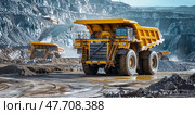 The industrial site at the openpit mine is bustling with yellow mining trucks and heavy machinery on a sunny day. Стоковое AI-изображение, AI-художник Anastasy Yarmolovich / Фотобанк Лори