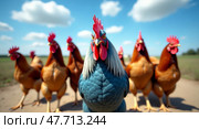 Closeup of colorful roosters in sunny farmyard. Стоковое AI-изображение, AI-художник Андрей Бакусов / Фотобанк Лори