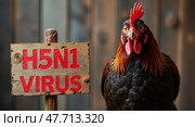 Chicken with h5n1 virus sign against rustic wooden background. Стоковое AI-изображение, AI-художник Андрей Бакусов / Фотобанк Лори