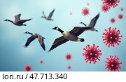 Migratory geese in flight with virus particles. Стоковое AI-изображение, AI-художник Андрей Бакусов / Фотобанк Лори