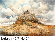 A watercolour illustration of a rural landscape featuring a lone cottage on top of a hill surrounded by flowering trees. In the foreground is a dry field with ruts, grass and paths leading up. Picturesque clouds hang over the scene, giving the image an air of calm and slightly nostalgic. The painting is done in warm earthy and pastel colours, conveying a mood of solitude, simplicity and connection with nature. Ideal for themes related to country life, nature, art and folklore. Стоковое AI-изображение, AI-художник Анна Кривицкая / Фотобанк Лори