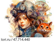 Watercolor illustration in the steampunk fantasy genre: a young girl with red hair in a protective helmet with large mechanical glasses. On her shoulder sits a cute furry animal, reminiscent of a mix of a kitten and a fox. Behind the girl is a bright and fantastic scene with balloons, mechanisms and bizarre creatures. The image conveys an atmosphere of adventure, ingenuity and magic, ideal for the design of children's books, games, as well as fantasy and steampunk projects. Стоковое AI-изображение, AI-художник Анна Кривицкая / Фотобанк Лори