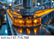 Modern high-tech production: the image shows an automated conveyor for bottling liquids into glass bottles. In the frame - shiny medical or pharmaceutical bottles with amber backlighting, moving in a closed circle under the control of an industrial robot. An atmosphere of cleanliness, precision and an innovative approach to the production process. Ideal for topics related to pharmaceuticals, medicine, biotechnology, science and manufacturing. Стоковое AI-изображение, AI-художник Анна Кривицкая / Фотобанк Лори