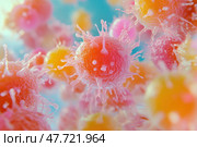 Microscopic view of cancer cells reproducing and spreading through body. Стоковое AI-изображение, AI-художник Юрий Поздников / Фотобанк Лори