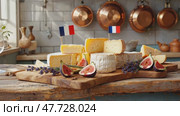 A festive cheese platter with French-themed Bastille Day decorations adds charm to a cozy kitchen, setting the perfect mood for a warm and joyful celebration. Стоковое AI-видео, аниматор Ирина Старикова / Фотобанк Лори