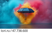 Colorful smoke clouds surround a black umbrella in a vibrant display. Разноцветные облака дыма окружают черный зонтик в ярком изображении. Стоковое AI-изображение, AI-художник Katsiaryna Repich / Фотобанк Лори