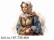 Watercolor illustration of a woman in peasant clothes holding a basket. Her image reflects the simplicity and modesty of village life: a headscarf, an old dress, rough fabrics and natural colors. The woman looks focused and calm. The illustration is made in a soft, warm color scheme. Suitable for themes of folk culture, historical reconstructions, traditional life and rural life. Стоковое AI-изображение, AI-художник Анна Кривицкая / Фотобанк Лори