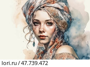 A watercolor portrait of a young woman with expressive eyes and a delicate blush on her cheeks. She wears a colorful headscarf wrapped around her head in an oriental or folk style, with soft wavy strands spilling out. Her gaze is full of depth and a slight sadness. The color palette of the image is warm and pastel, with accents of blue, ochre and coral. The work exudes softness, femininity and artistic sophistication. Ideal for art, feminine beauty, fashion, ethnic and illustrative design themes. Стоковое AI-изображение, AI-художник Анна Кривицкая / Фотобанк Лори