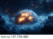 A fantastic space scene depicting a flaming planet or moon, partially engulfed in fire and lava. Around it are thick clouds of space dust, asteroids and gloomy rocky debris. In the background is a starry sky with twinkling lights and nebulae. The atmosphere is tense, dramatic, perfect for fantasy, science, space, apocalypse and universe themes. Стоковое AI-изображение, AI-художник Анна Кривицкая / Фотобанк Лори