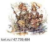 A watercolor illustration of two magical creatures in a fantasy style - wise old men with long beards, eccentric hats and ornate robes. One holds a wand, the other a bowl with magical light. Around them are ornate decorative patterns, plants and magical creatures, creating a fairy-tale atmosphere. The illustration is done with great attention to detail, in warm natural tones. Great for fantasy, magic, fairy tales and illustration art themes. Стоковое AI-изображение, AI-художник Анна Кривицкая / Фотобанк Лори