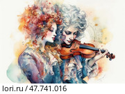 A fantasy-style watercolor illustration depicting two elegant characters in baroque attire. One of them plays the violin, the other leans gently, as if listening to music or inspiring. Their hair is wavy, lush and dyed in fabulous shades - from ash to fiery. The painting is filled with soft colors, emotions and a poetic atmosphere. This is a work of art that embodies harmony, music, romance and creative inspiration. Стоковое AI-изображение, AI-художник Анна Кривицкая / Фотобанк Лори