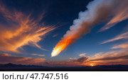 Fiery meteor streaking across a dramatic sky. Стоковое AI-изображение, AI-художник Андрей Бакусов / Фотобанк Лори
