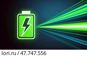 Glowing neon battery icon with lightning bolt on blue gradient background. Стоковое AI-изображение, AI-художник Андрей Бакусов / Фотобанк Лори