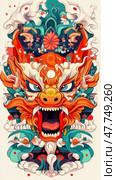 Mythic Beast: Vibrant Floral Dragon Head Artwork, Festive Theme Design for a Bold Print or Poster. Стоковое AI-изображение, AI-художник Данила Большаков / Фотобанк Лори