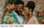 Romantic wedding: Enchanting African American couple embraces, surrounded by floral splendor and love, suitable for invitation or announcement. Стоковое AI-изображение, AI-художник Данила Большаков / Фотобанк Лори