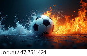 Elemental soccer fire and water. Стоковое AI-изображение, AI-художник Андрей Бакусов / Фотобанк Лори