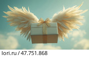 Minimalist white gift box with feathered wings floating in sky. dreamy concept of freedom, soul, and giving. Минималистская белая подарочная коробка с парящими в небе пернатыми крыльями. Мечтательная концепция свободы, души и дарения. Стоковое AI-изображение, AI-художник Katsiaryna Repich / Фотобанк Лори