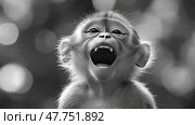 Monkey smiling joyfully in a natural setting under soft light. Обезьяна радостно улыбается в естественной обстановке при мягком свете. Стоковое AI-изображение, AI-художник Katsiaryna Repich / Фотобанк Лори