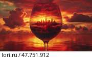 Stunning sunset reflected in a glass with city skyline outline. Потрясающий закат, отражающийся в стекле, с очертаниями городского горизонта. Стоковое AI-изображение, AI-художник Katsiaryna Repich / Фотобанк Лори