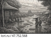 This monochrome woodcut illustration depicts a rainy rural landscape. Travelers with umbrellas walk along a winding road, surrounded by thatched cottages, trees and puddles. The rain falls in long vertical lines, creating a dramatic, slightly fairytale-like atmosphere. The work is rich in detail and texture, evoking a sense of nostalgia and coziness even in inclement weather. Стоковое AI-изображение, AI-художник Анна Кривицкая / Фотобанк Лори
