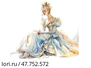 Watercolor illustration of a young woman in a luxurious historical dress of the 18th century. She sits gracefully, slightly bowing her head, holding a fan in her hands. Her outfit is made in pastel colors - sky blue, peach and cream, decorated with drapery and embroidery. An elegant hairstyle, long earrings and a refined look emphasize the aristocratic image. The illustration conveys the spirit of the Rococo era, sophistication and femininity. Стоковое AI-изображение, AI-художник Анна Кривицкая / Фотобанк Лори