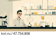 A scientist is focused on conducting experiments in a well-equipped laboratory filled with glassware and scientific instruments. Стоковое AI-изображение, AI-художник Данила Большаков / Фотобанк Лори