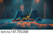 Dynamic stock market trends visualized through colorful chart lines on a dark urban backdrop. Стоковое AI-изображение, AI-художник Сергей Толмачёв / Фотобанк Лори