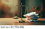 Balanced scales with coins and stacks of cash on wooden table at law office during golden hour. Стоковое AI-изображение, AI-художник Сергей Толмачёв / Фотобанк Лори