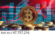Bitcoin rises in value with digital currency market trends and financial charts in background during daytime trading. Стоковое AI-изображение, AI-художник Сергей Толмачёв / Фотобанк Лори