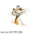 Watercolor cartoon illustration of a surprised marmot face with funny expression on white background. Стоковое AI-изображение, AI-художник Гайфуллина Дина / Фотобанк Лори