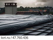 View of house under construction with red roof on waterproofing layer, created with Generative AI. Стоковое AI-изображение, AI-художник Данила Большаков / Фотобанк Лори