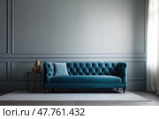 Frontal view of a blue sofa with a vase for plants, table with candles and lamp against gray wall with boiserie and big window, created with Generative AI. Стоковое AI-изображение, AI-художник Данила Большаков / Фотобанк Лори
